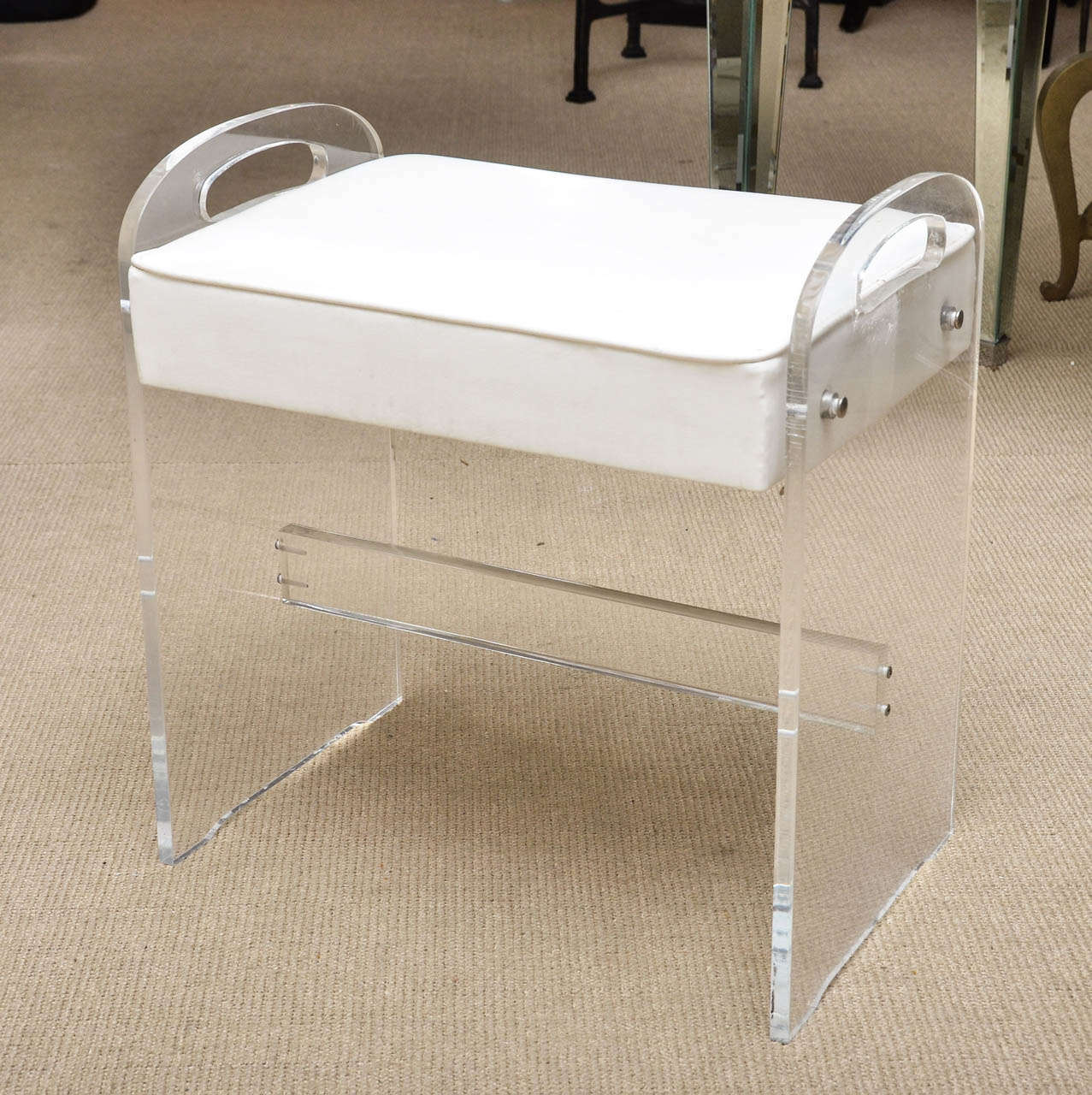 Lucite stool with white leather seat