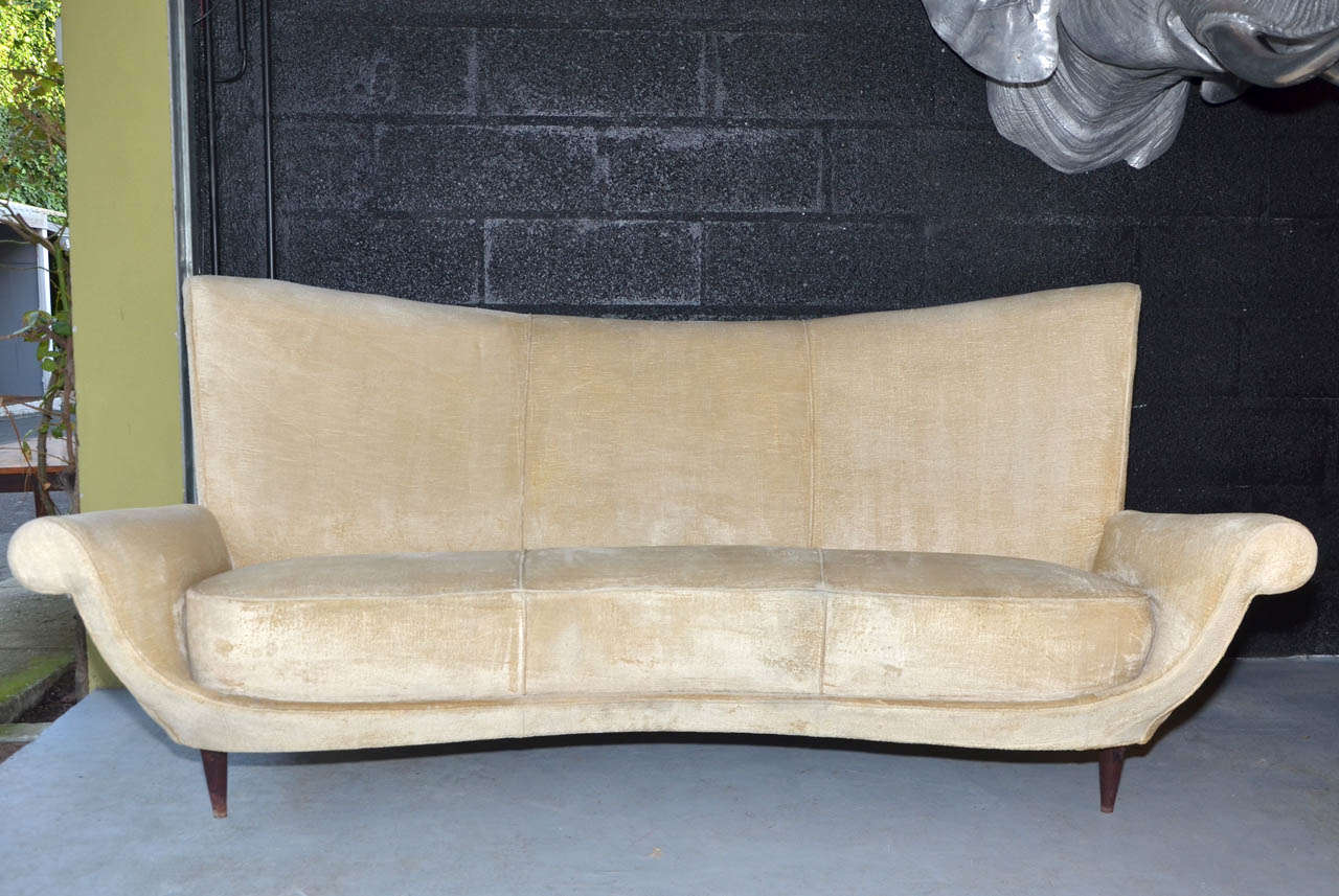 1950's Three Seats Italian Sofa. Original velvet in good condition recently washed. Tainted beech wood legs. Normal wear consistent with age and use.