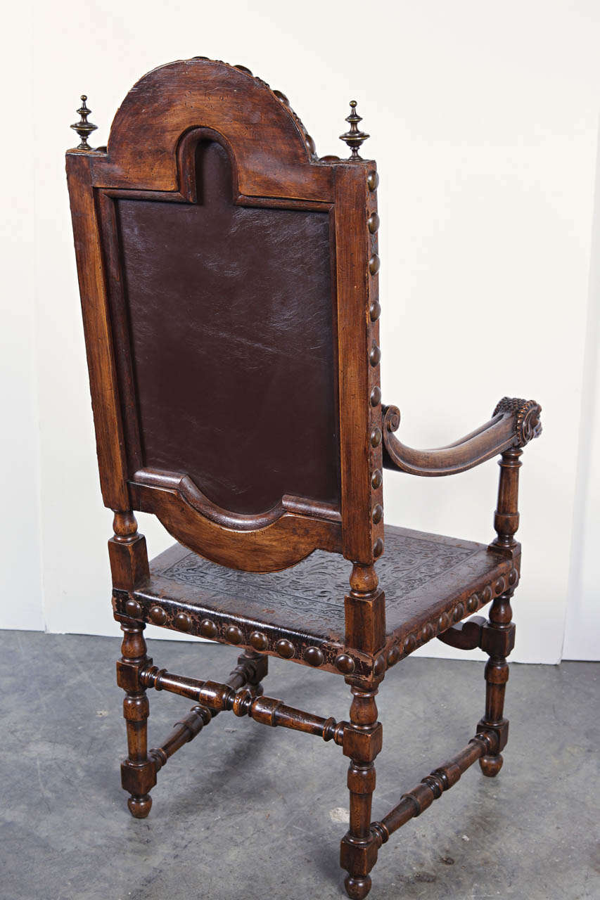Walnut Pair of 19th Century Portuguese Leather Arm Chairs