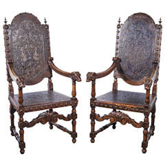 Antique Pair of 19th Century Portuguese Leather Arm Chairs