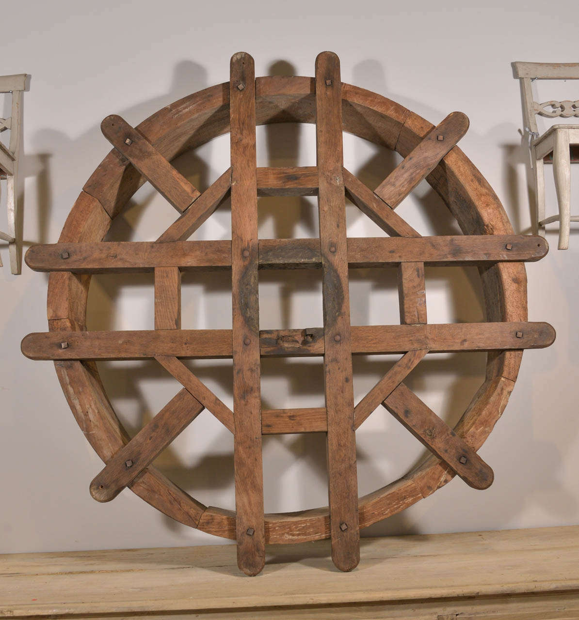 Large French Oak 19th c Wheel from an orchard.  Great scale and form.