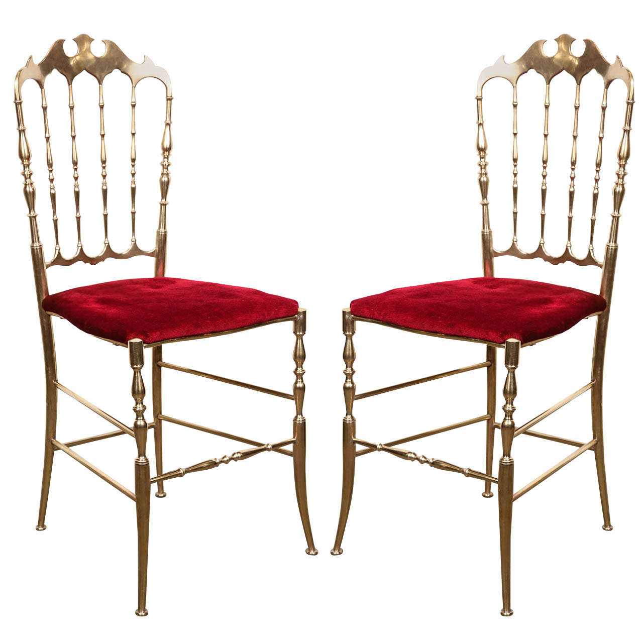 Set of Two Polished Brass Chiavari Chairs with Red Velvet, Italy