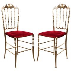 Used Set of Two Polished Brass Chiavari Chairs with Red Velvet, Italy