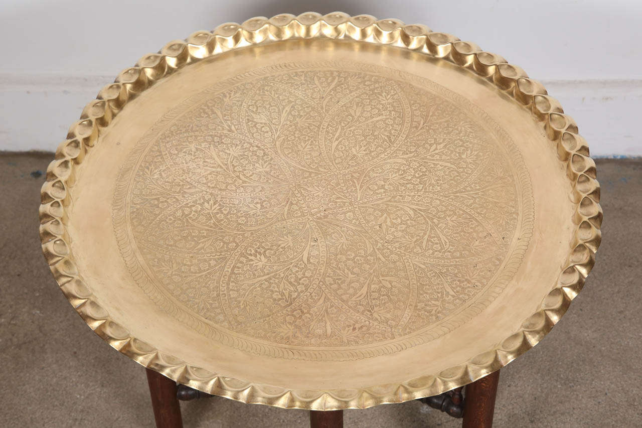 Vintage Moroccan Etched Brass Round Tray Table 2