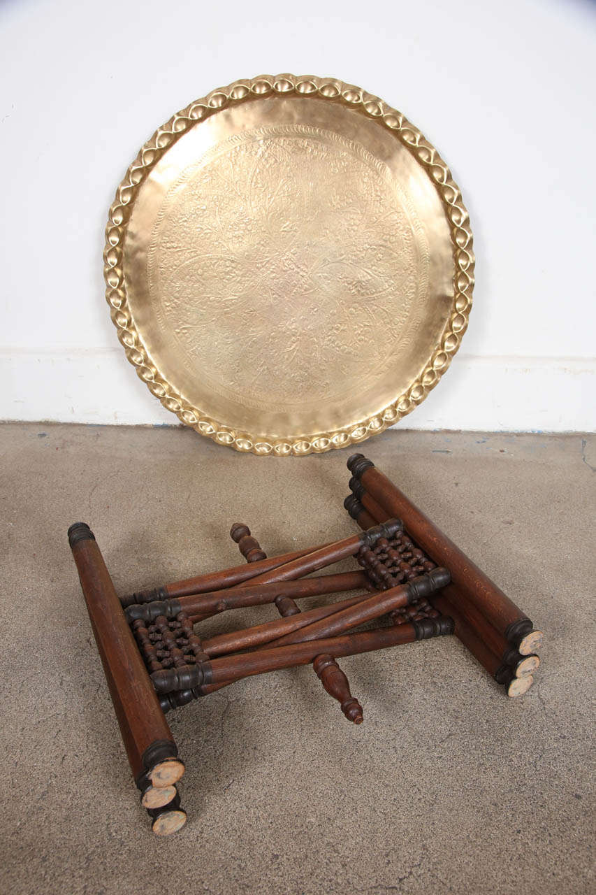 20th Century Vintage Moroccan Etched Brass Round Tray Table