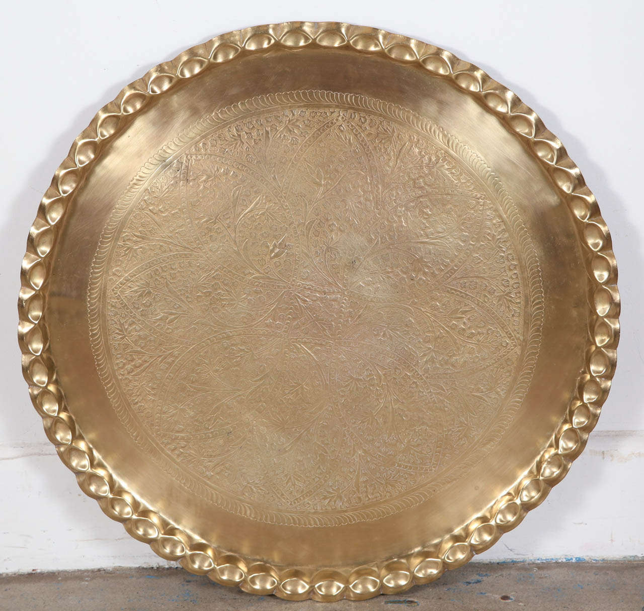 Vintage Moroccan Etched Brass Round Tray Table 1