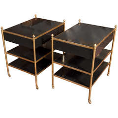 Black Lacquered & Brass Tiered End Tables in the Style of Maison Jansen