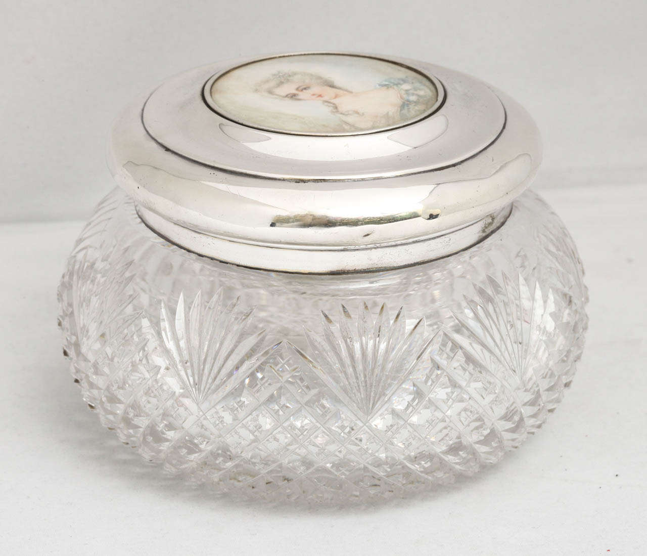Rare, Edwardian, sterling silver-mounted cut crystal powder jar, having a signed water color portrait (under glass) of a beautiful woman inset into the jar lid; S. Cottle and Co., New York - makers, circa 1900-1910. Crystal is beautifully cut and