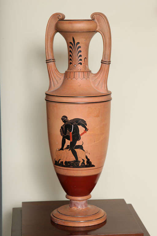 A Danish hand painted terracotta amphora by the Copenhagen company of Hjorth, Circa 1900.
