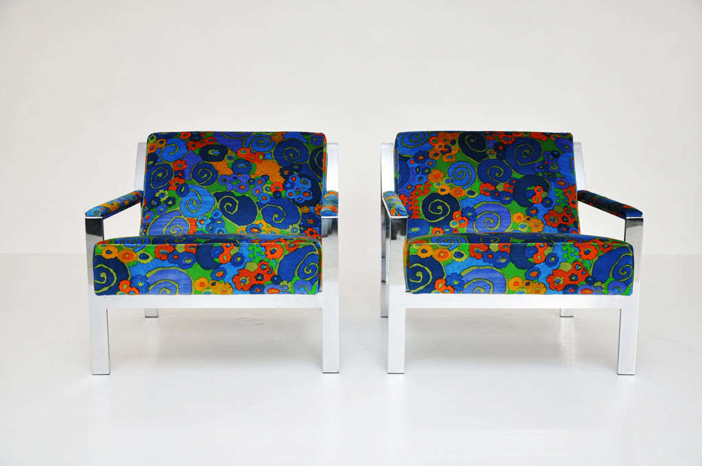 Mid-Century Modern Chrome Lounge Chairs in Jack Lenor Larsen Velvet