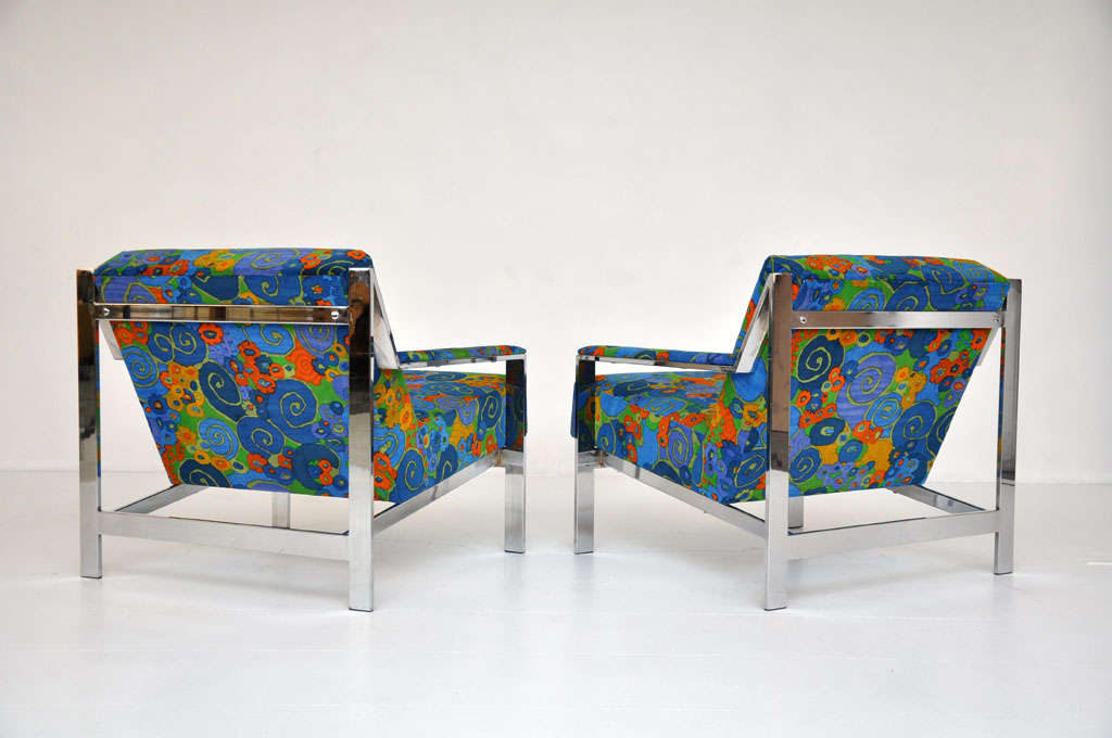 Chrome Lounge Chairs in Jack Lenor Larsen Velvet In Excellent Condition In Chicago, IL