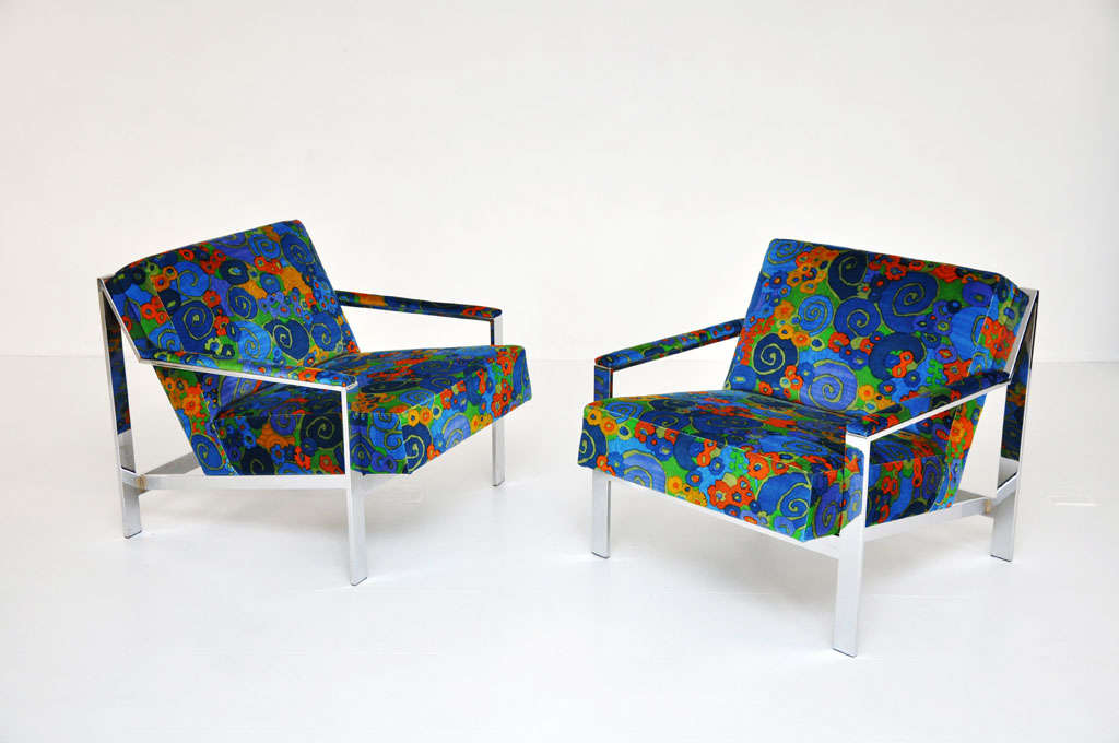 Pair chrome frame lounge chairs in the style of Milo Baughman. Newly upholstered in vintage stock Jack Lenor Larsen 