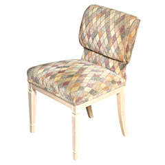Vintage Bleached Wood Desk Chair With Harlequin Pattern Fabric