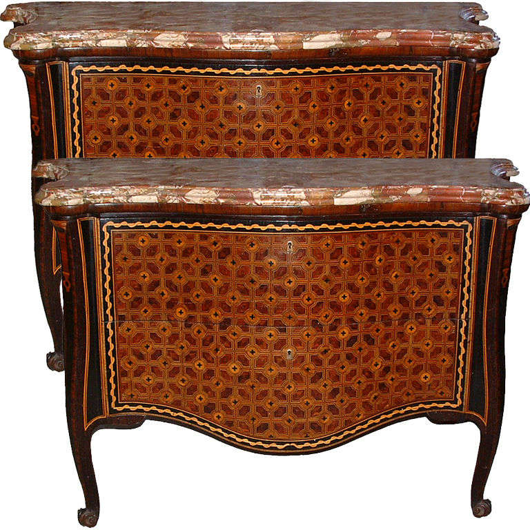 18th Century Pair of Italian Parquetry Arbalete Commodes or Dressers For Sale
