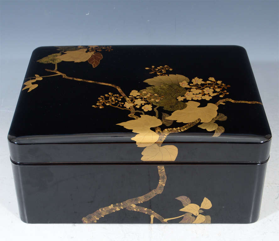 An antique Japanese box in black lacquered wood with gold tone grape leaf design.

4687
