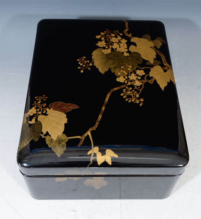 20th Century Antique Japanese Lacquer Black Box with Grapes For Sale