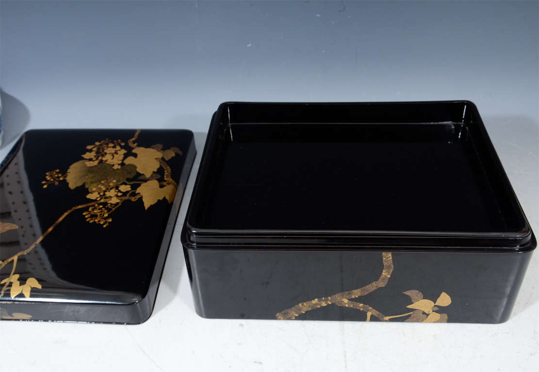 Wood Antique Japanese Lacquer Black Box with Grapes For Sale