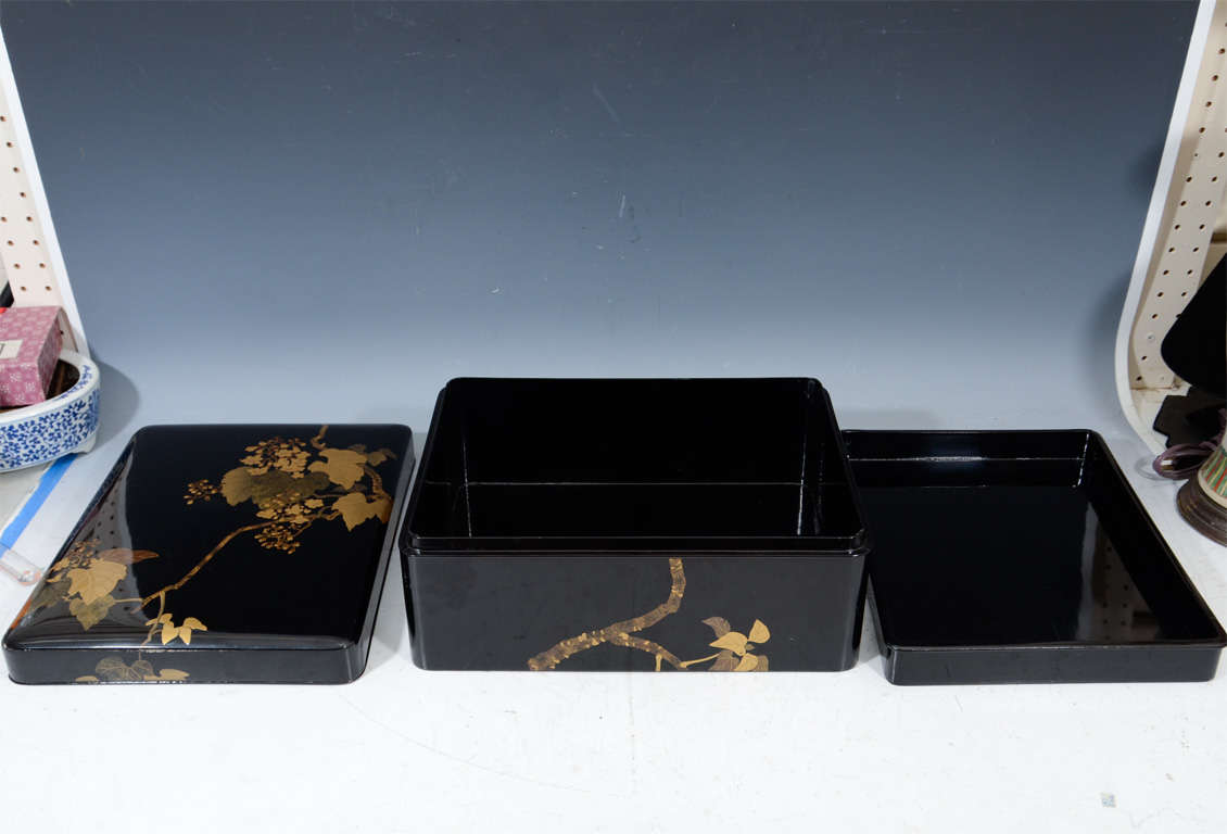 Antique Japanese Lacquer Black Box with Grapes For Sale 1