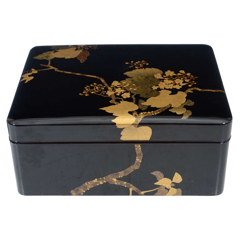 Antique Japanese Lacquer Black Box with Grapes For Sale