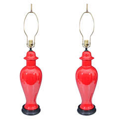 Pair of Mid Century Red Ceramic Lamps