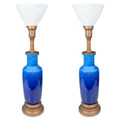 Mid Century Glazed Porcelain Lamps with Brass and Glass