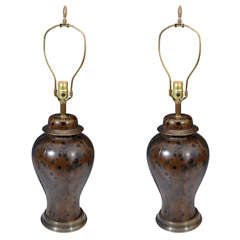 Pair of Mid Century Leather and Brass Urn-Form Lamps