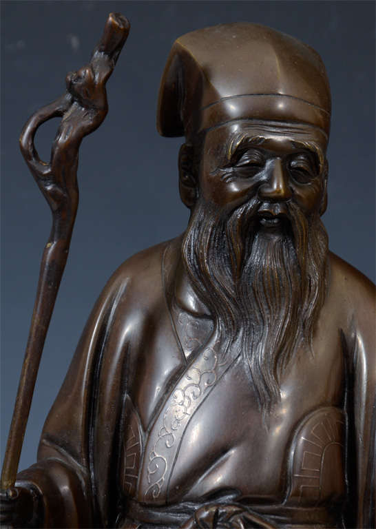 Japonais Bronze japonais ancien d'époque Meiji représentant un vieil homme (jerodien) en vente