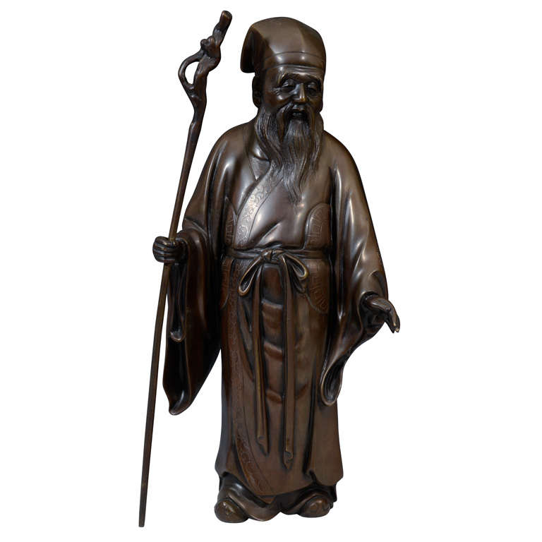 Bronze japonais ancien d'époque Meiji représentant un vieil homme (jerodien)