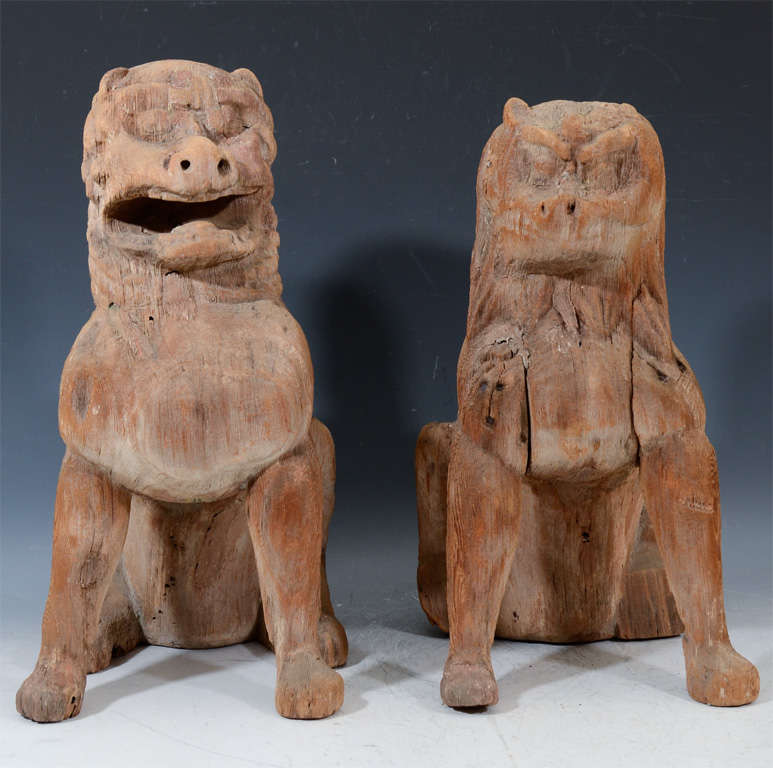 A pair of Japanese carved wooden temple figures in the form of lions seated in traditional pose. The pieces have had some conservation and restoration to stabilize them.

4653