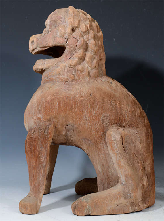 Pair of Antique Japanese Wooden Temple Lion Figures 1