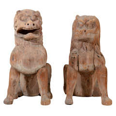 Pair of Antique Japanese Wooden Temple Lion Figures