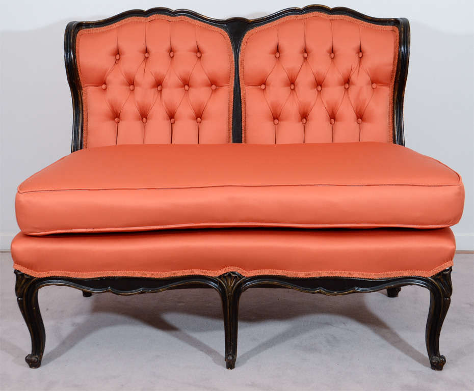 Antique Victorian French Settee in Orange Tufted Upholstery