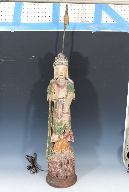 Vintage Carved Wood Poly-Chrome Painted Asian Inspired Lamp