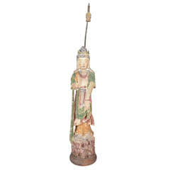 Vintage Carved Wood Poly-Chrome Painted Asian Inspired Lamp