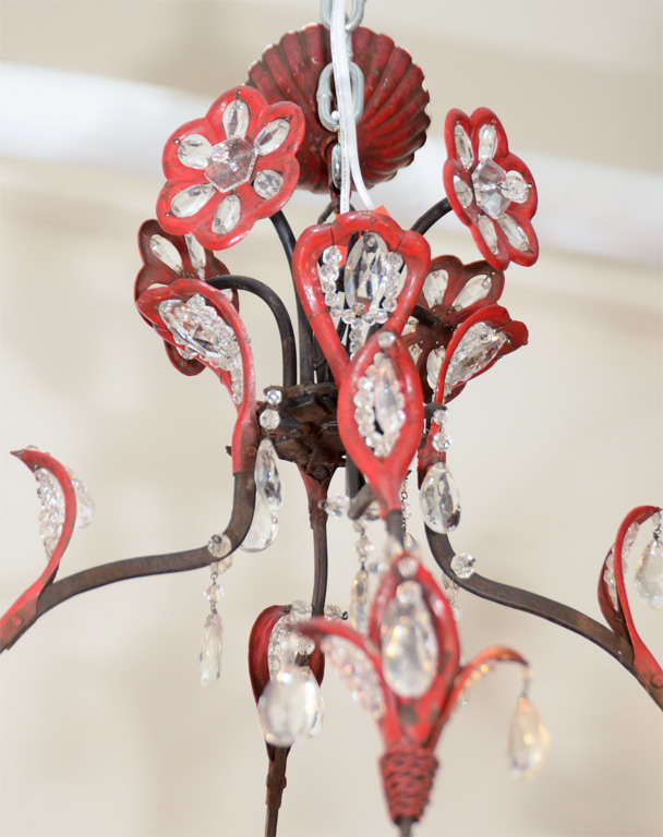 American Mid Century Glass and Enameled Metal Chandelier in Black and Red