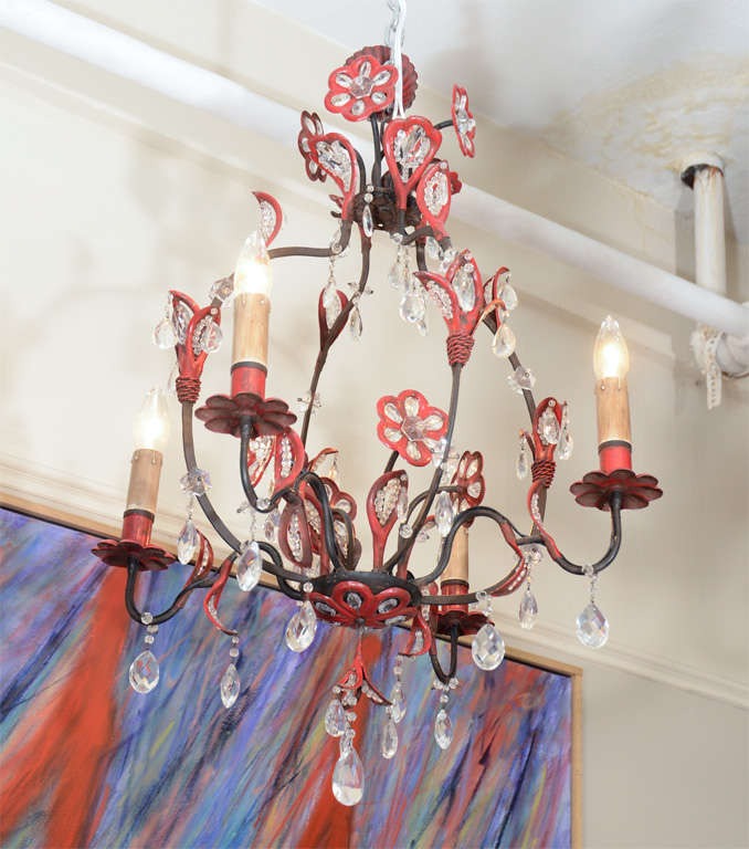 Mid Century Glass and Enameled Metal Chandelier in Black and Red In Good Condition In New York, NY