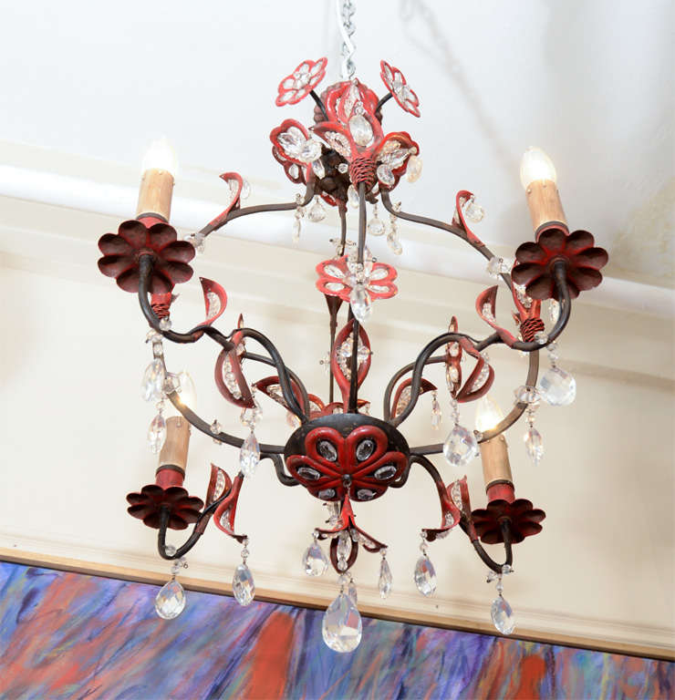 Mid Century Glass and Enameled Metal Chandelier in Black and Red 1