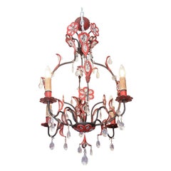 Mid Century Glass and Enameled Metal Chandelier in Black and Red
