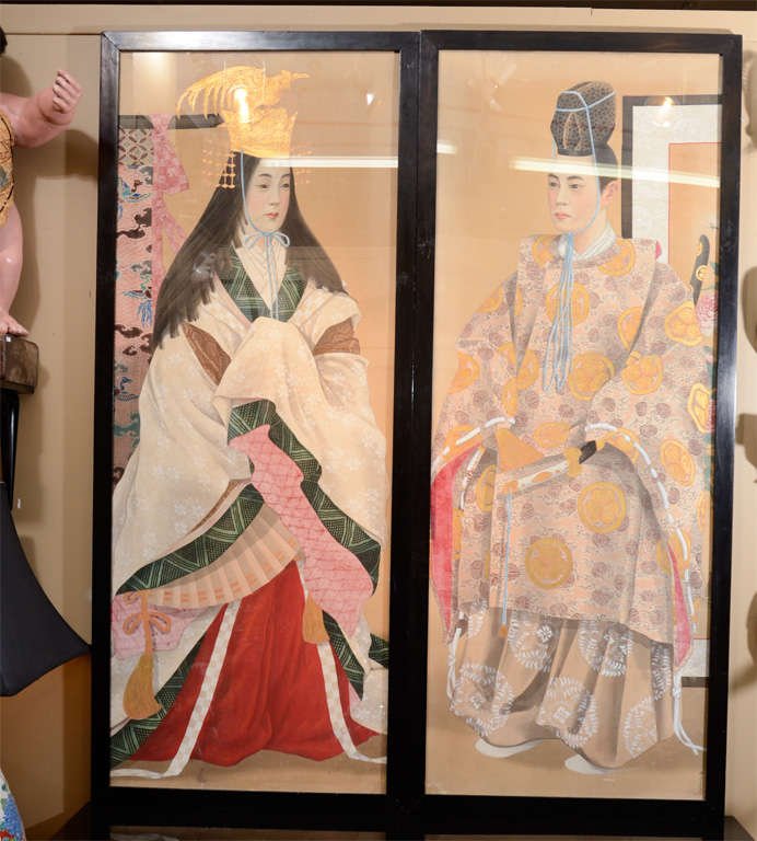 A pair of framed elaborate Japanese paintings of an emperor and empress by Nakayama Sanji. Each figure is richly adorned in colorful, flowing robes. Shown at Chicago World's Fair in 1893.

4827