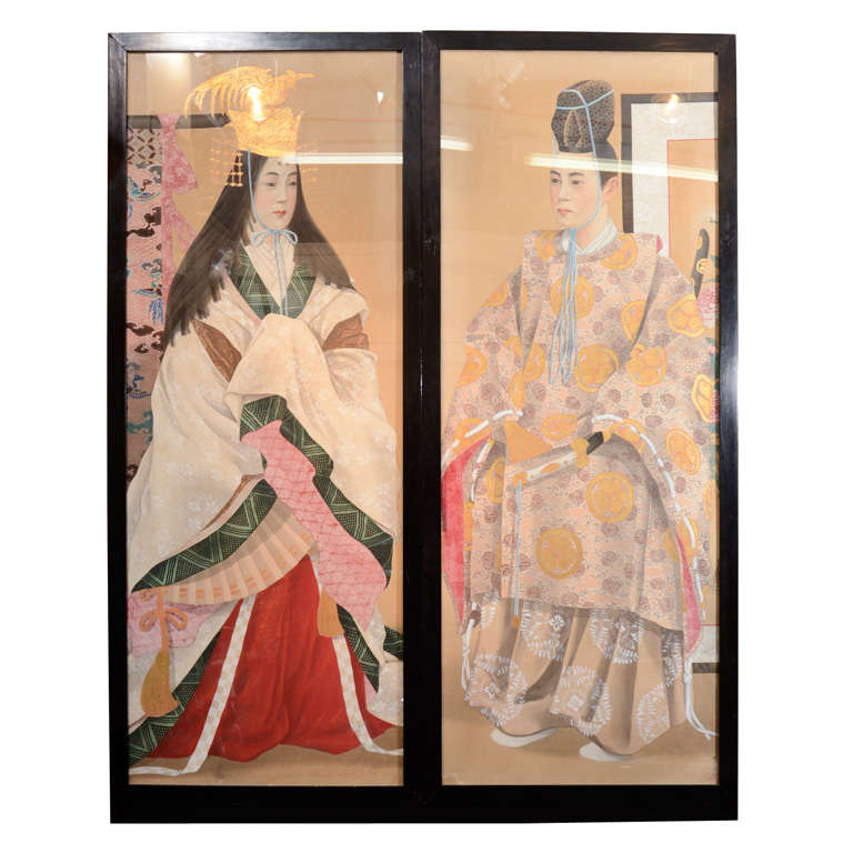 Pair of Japanese Emperor and Empress Framed Paintings