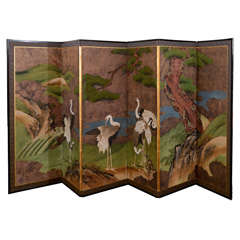 Antike japanische Edo-Periode Sechs-Panel-Faltwand mit Kränen