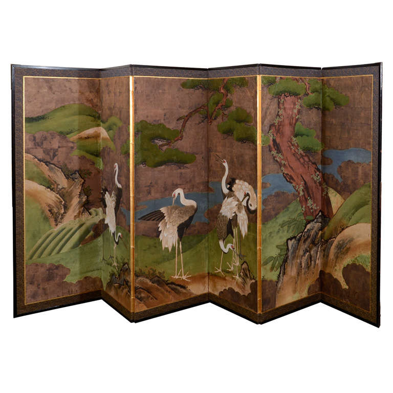 Antique Japanese Edo Period Six Panel Folding Screen with Cranes
