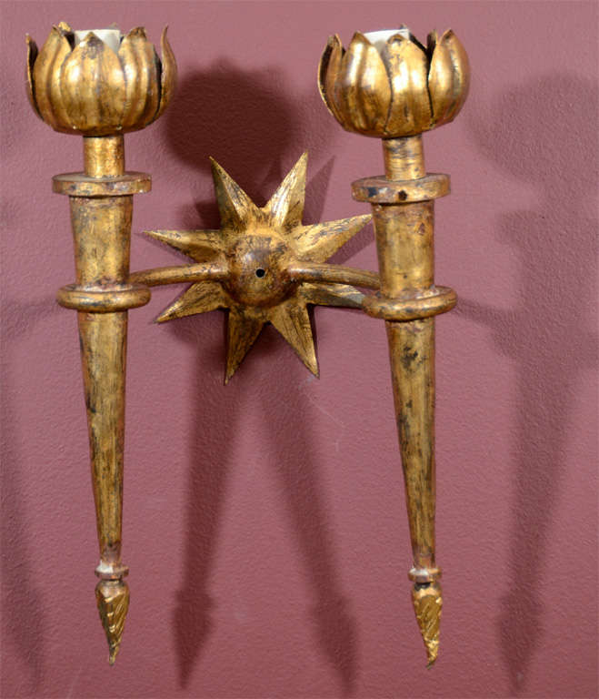A Pair of Gilded Iron Sconces after Gilbert Poillerat