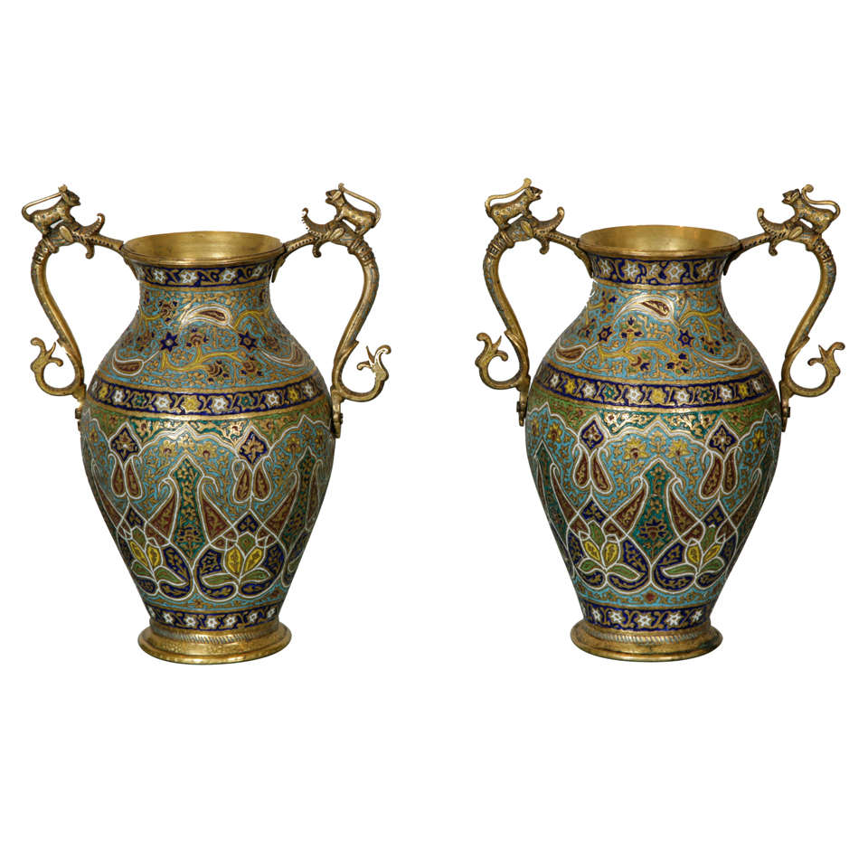 Pair of Kashmiri Gilt Copper and Enamel Vases 19th Century For Sale