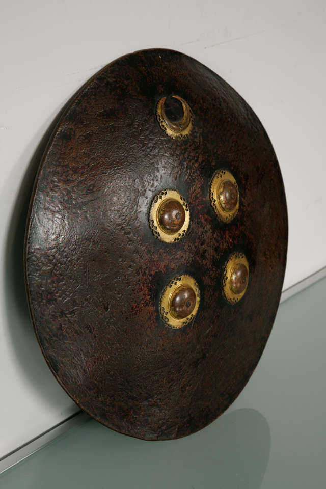 Animal hide shield with copper mounts.
