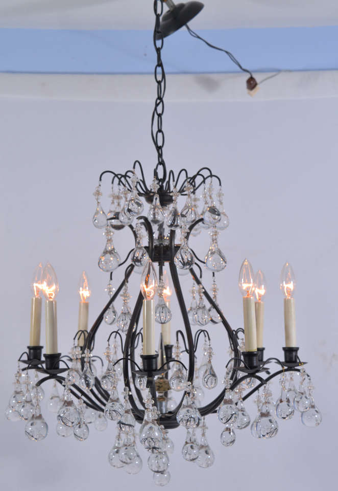 1970's Swedish Crystal Versaille Shaped Bronze Chandelier