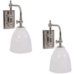 1960
s, Restored Vintage Polished Nickel Sconces w/deep Opal Glass Shades