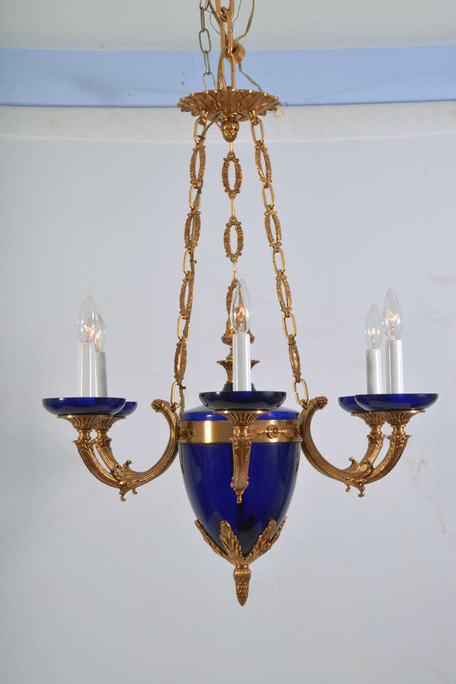 1970s Vintage Five-Lght Italian Cobalt Blue Crystal with Gold Ormolu