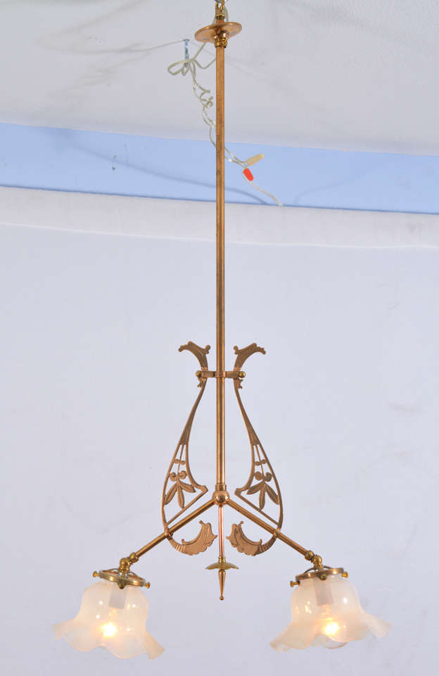 Delicate, Austrian Light fixture with stylized dragons and floral leaves in the design, styled from an original gas fixture, electrified with two beautiful, 6
