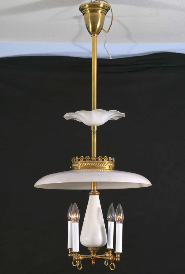 1890's, four light gasolier with original Porcelain center body, original 17